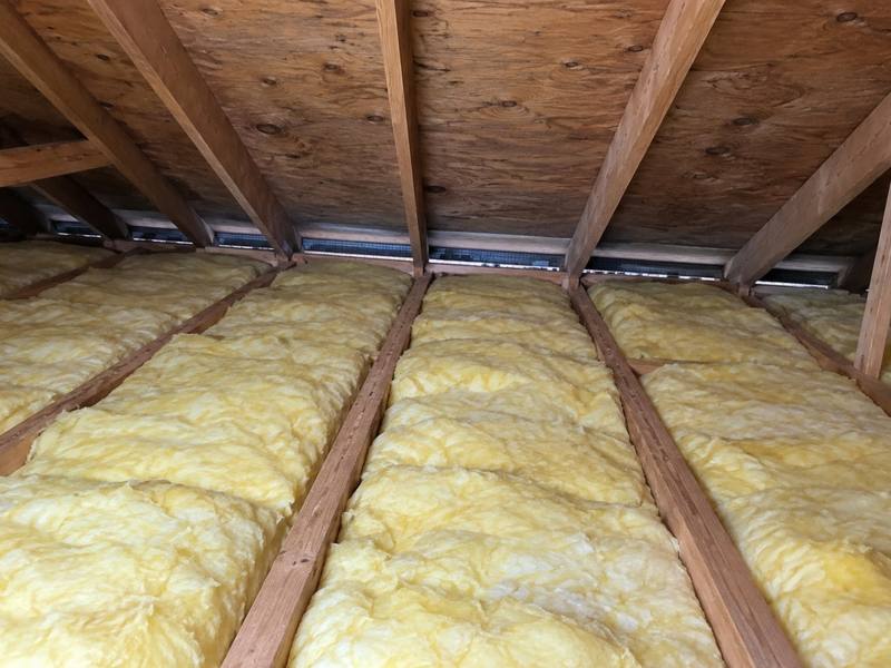 Rows of yellow fibreglass batts laid between attic joists under wooden roof trusses, with soffit vents along the eaves