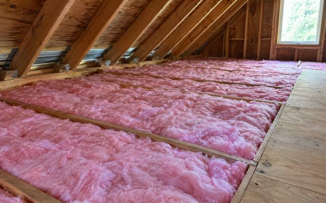 Pink batts filling an attic floor next to a plywood walkway, with a window in the gable wall